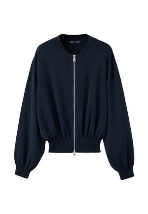 Navy blue zip-up cardigan with long puffed sleeves and ribbed cuffs and waistband.