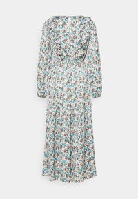 Bloemen midi-jurk met lange mouwen, met een witte achtergrond en blauwe en rode bloemen, elastische taille en ruches bij de hals.