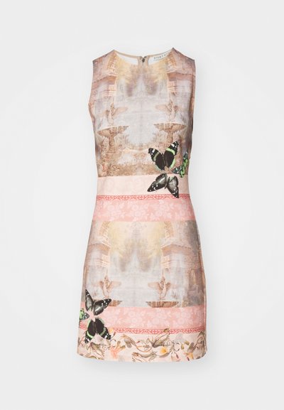Sleeveless dress in light fabric featuring a multicolored butterfly print and classical architectural pattern, with pink accent bands.