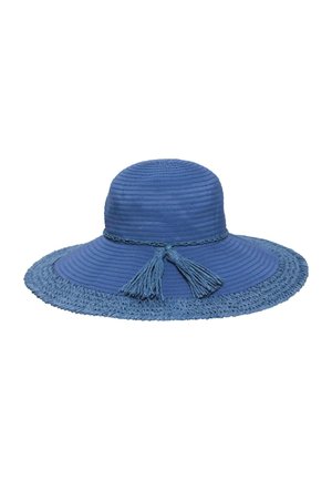 Blue wide-brimmed sun hat with textured crown, woven edge, braided band, and two hanging tassels at the front.