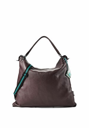 Sac à épaule en cuir marron foncé avec une poignée fine, une sangle rayée bleue et noire réglable, et une petite étiquette attachée.