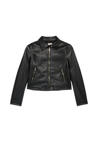 Musta nahkainen lyhyt takki, jossa on kaulus, etuvetoketju ja kaksi vetoketjullista taskua. Varustettu kultaisilla yksityiskohdilla ja sileällä pinnalla.