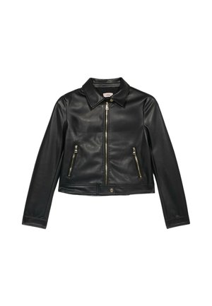 Zwarte leren cropped jack met een kraag, voorste ritssluiting en twee ritszakken. Kenmerkt gouden hardware accenten en een gladde textuur.
