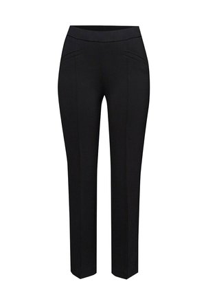 Pantaloni neri su misura con una texture liscia, taglio slim, vita piatta e due tasche anteriori. Progettati per un'estetica classica e minimalista.