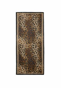 Fular cu imprimeu de leopard, având un design bej și maro. Marginile sunt decorate cu o bordură neagră și un model decorativ bej pe marginea exterioară.