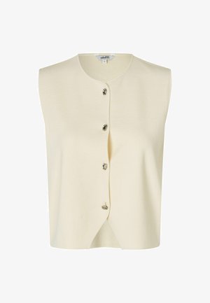 Sleeveless cream cardigan made of soft fabric, featuring a round neckline and five decorative buttons down the front. Classic design.