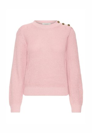 Roosa kudumissviiter pikade varrukatega ja kolme pruuni nööbiga vasakul õlal, millel on soonikkoes kaelus, varrukaotsad ja äär.