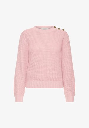 Pull en tricot rose à manches longues avec trois boutons marron sur l'épaule gauche, présentant un col, des poignets et un ourlet côtelés.