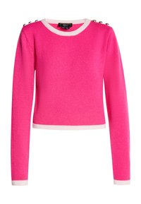 Maglione rosa a maglia con maniche lunghe, scollo rotondo, bordi bianchi e bottoni decorativi sulle spalle. Texture morbida e design corto.