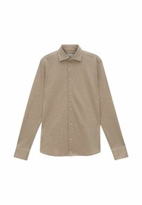 Beige langslieve shirt van zacht materiaal, met een puntige kraag, knopenvoorzijde en standaard manchetten. Soepele, gelijkmatige textuur.