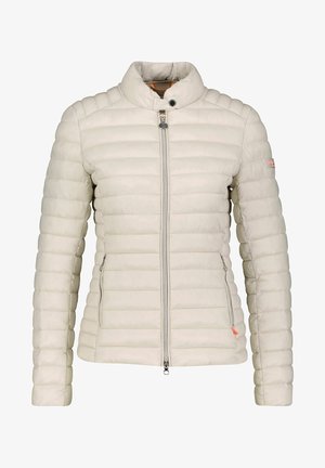 Light beige puffer jacket with vertical quilted design, standing collar, front zipper, and side pockets. Features subtle logo on sleeve.