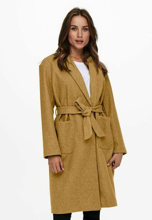 Mustard-colored belted coat made of textured fabric, featuring a lapel collar, two front pockets, and long sleeves.