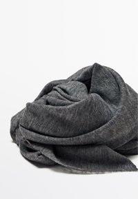 Gray textured scarf, lightweight fabric, loosely rolled shape, subtle heather pattern, with soft edges and a cozy appearance.