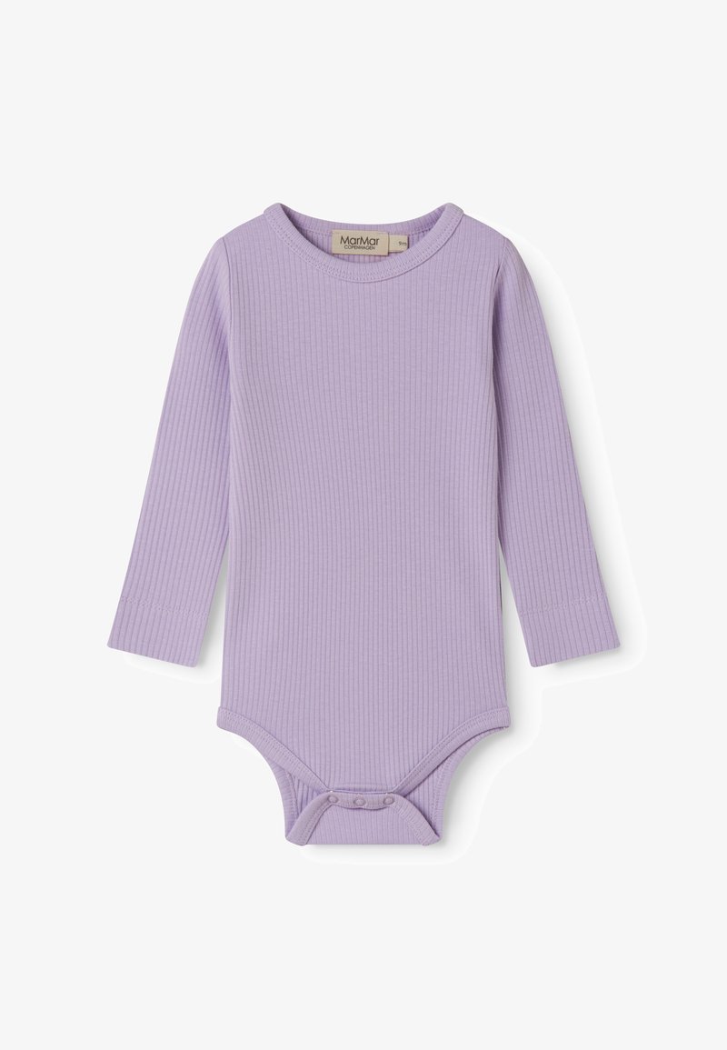 Μωβ ριμπ κορμάκι μωρού με μακριά μανίκια, στρογγυλή λαιμόκοψη και τρία κουμπώματα στο καβάλο, μέγεθος 9 μηνών.