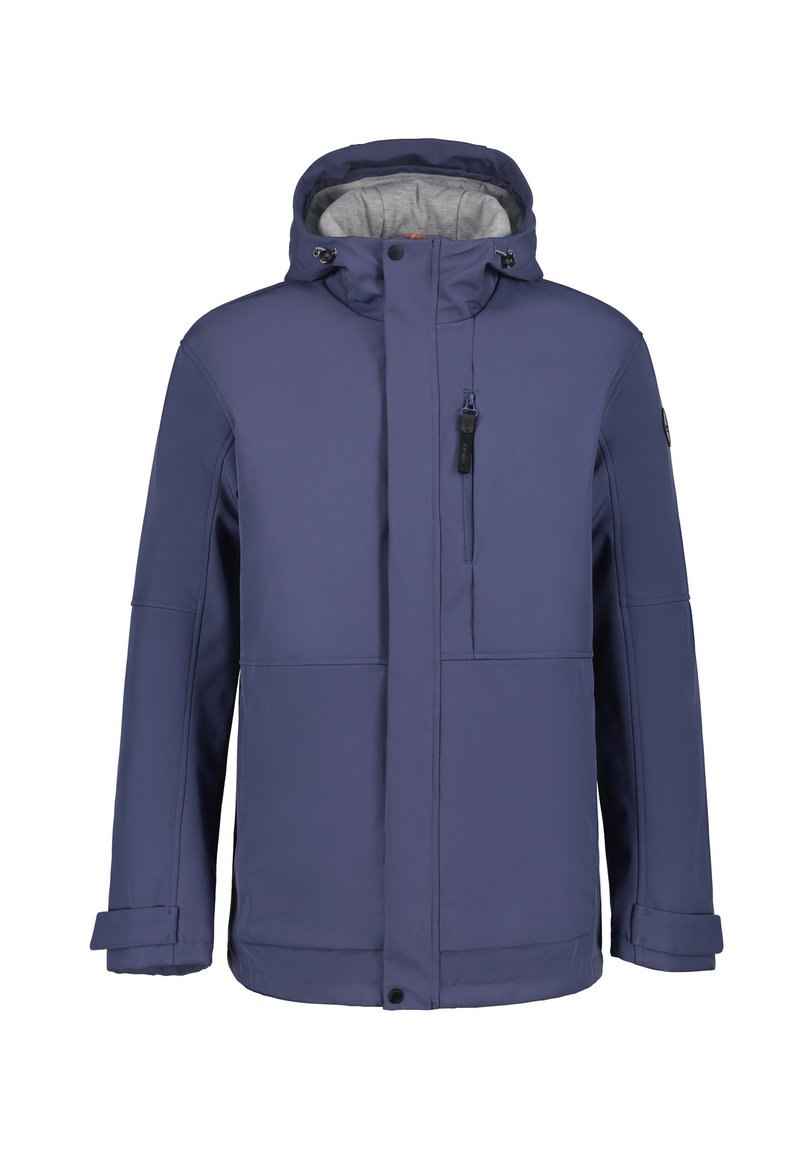 Granatowa wodoodporna kurtka z kapturem, zamek z przodu i zapięcie na guziki. Posiada regulowane mankiety oraz miękkie, szare podszycie wewnętrzne.