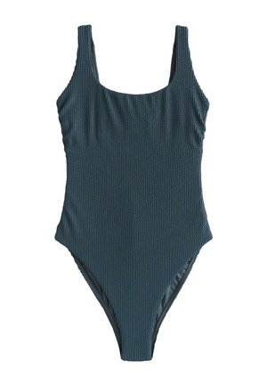 Textúrované tmavomodrozelené jednodielne plavky so širokými ramienkami a výstrihom do U, zobrazené na bielom pozadí.