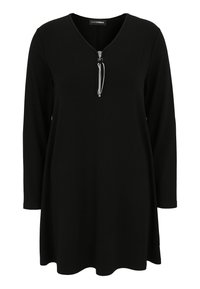 Schwarzes langärmliges Kleid mit V-Ausschnitt und Reißverschluss. Aus weichem Stoff gefertigt, bietet es eine lockere Passform und einen abgerundeten Saum für zusätzlichen Komfort.