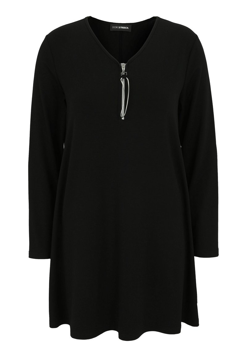 Schwarzes langärmliges Kleid mit V-Ausschnitt und Reißverschluss. Aus weichem Stoff gefertigt, bietet es eine lockere Passform und einen abgerundeten Saum für zusätzlichen Komfort.