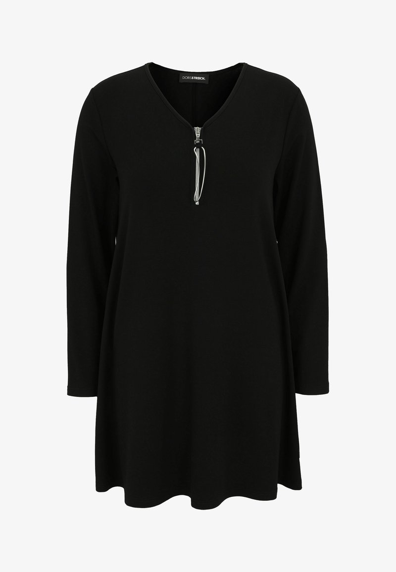 Schwarzes langärmliges Kleid mit V-Ausschnitt und Reißverschluss. Aus weichem Stoff gefertigt, bietet es eine lockere Passform und einen abgerundeten Saum für zusätzlichen Komfort.