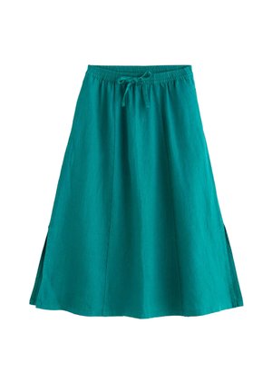 Fustă bleu până la genunchi, cu talie elastică și șnur ajustabil, cu deschideri laterale pentru libertate de mișcare.
