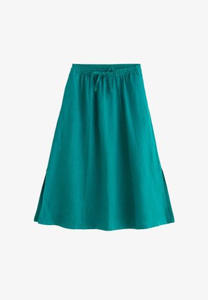 Türkiz térdig érő szoknya rugalmas derékpánttal és állítható húzózsinórral, oldalsó hasítékokkal a jobb mozgásért.