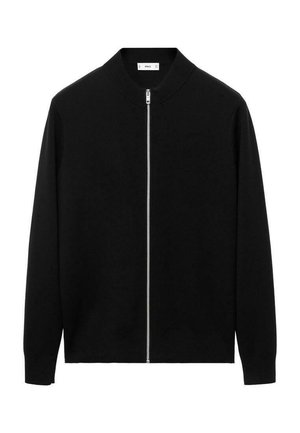 Black long-sleeve zip-up cardigan with ribbed collar and silver zipper, displayed on a white background.