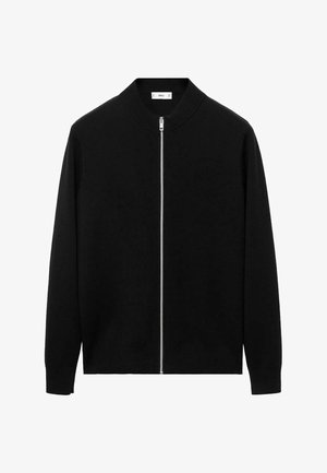 Black long-sleeve zip-up cardigan with ribbed collar and silver zipper, displayed on a white background.