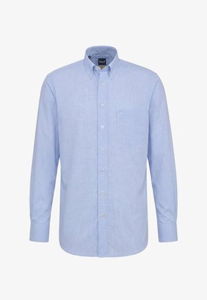Camicia azzurro chiaro a maniche lunghe con bottoni, motivo a quadretti piccoli, colletto abbottonato, taschino sul davanti e bottoni bianchi.