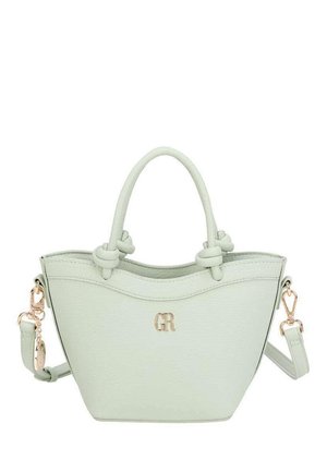 Petit sac à main vert clair avec double poignée, bandoulière amovible, fermoirs dorés et logo "GR" à l'avant.