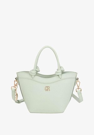 Petit sac à main vert clair avec double poignée, bandoulière amovible, fermoirs dorés et logo "GR" à l'avant.