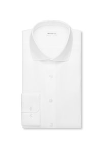 Chemise blanche à manches longues avec col classique évasé et poignets à deux boutons, soigneusement pliée avec l’étiquette de marque visible à l’intérieur du col.
