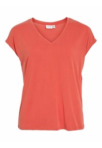 Camiseta de algodón coral con cuello en V y mangas cortas, hecha de una tela suave; corte holgado con un borde simple y limpio en el bajo.