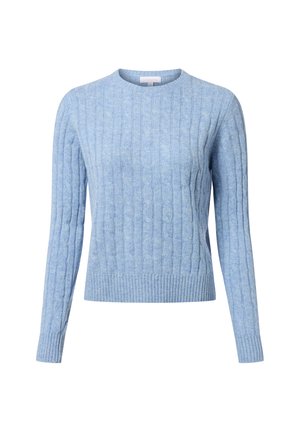 Hellblauer Strickpullover mit gerippter Struktur, Rundhalsausschnitt und langen Ärmeln. Verfügt über ein Zopfmuster und einen taillierten Saum.