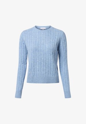 Jasnoniebieski sweter dziany o prążkowej strukturze, z okrągłym dekoltem i długimi rękawami. Posiada wzór w warkocze oraz dopasowane wykończenie.