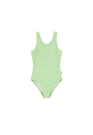 Lichtgroene, gestructureerde, eendelige zwempak met tankbandjes en een klein oranje merklabel aan de zijkant.