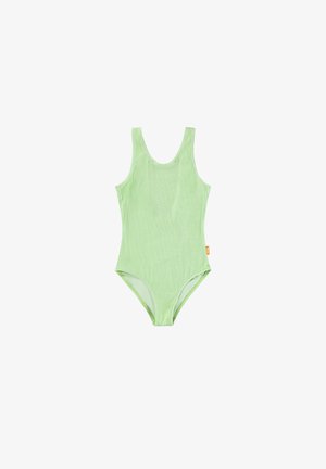 Világoszöld, textúrált, egyrészes fürdőruha tank pántokkal, oldalán egy kis narancssárga márkacímkével.