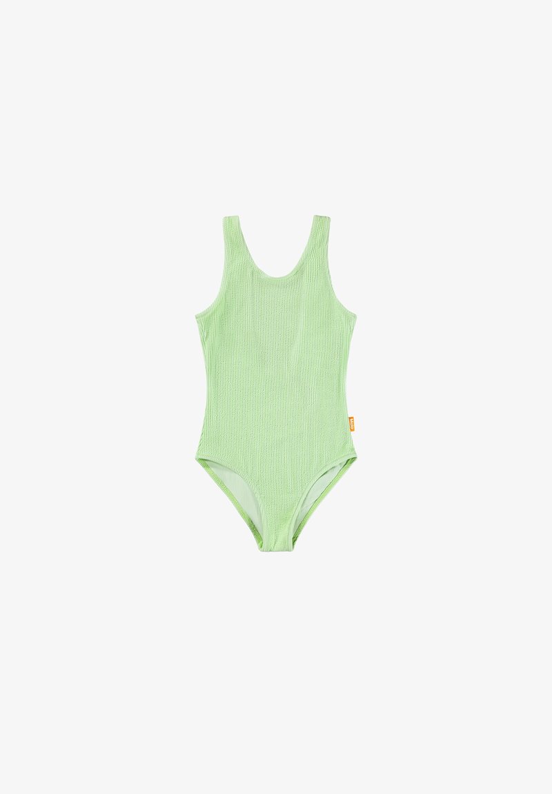 Lys grønn teksturert ett-dels badedrakt med tank-stropper og et lite oransje merketag på siden.