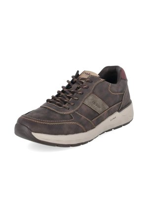 Sneaker casual in pelle marrone scuro con suola beige, dettagli cuciti, chiusura con lacci frontale e colletto imbottito per il comfort.