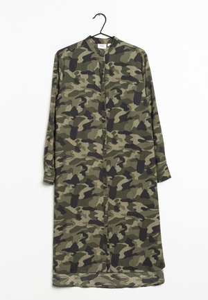 Camo-patterned shirt dress in shades of green and black, featuring a stand collar, long sleeves, and a front button closure.