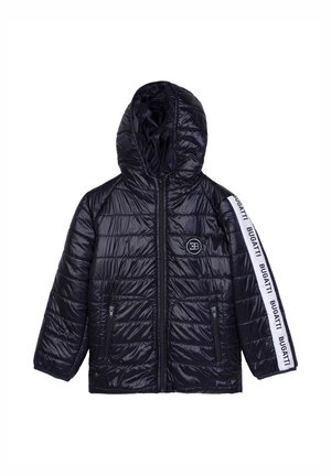 Black shiny quilted hooded jacket with front zipper, zippered pockets, and white stripe on left sleeve repeating "BUGATTI" logo.