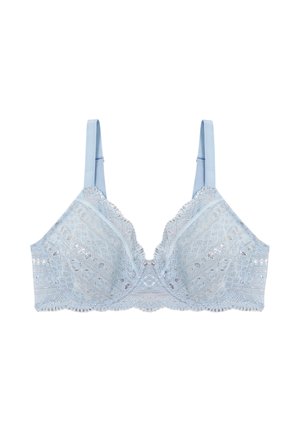 Reggiseno di pizzo blu chiaro con rifiniture argentate. Presenta spalline in satin regolabili, bordi ondulati e un delicato motivo geometrico.