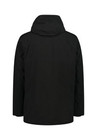 Sort vandtæt jakke med hætte, med lige snit, lange ærmer og en glat tekstur på en ensfarvet baggrund.