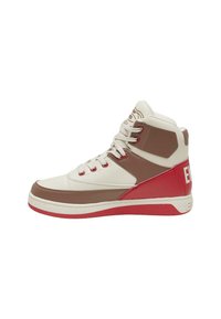 High-top sneakers with a beige leather upper, brown accents, red detailing, and white laces. Features a textured sole and logo on the heel.