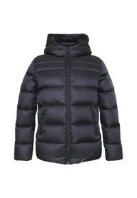 Giacca invernale nera imbottita con cappuccio, zip frontale e due tasche con zip, progettata per garantire calore e protezione contro il freddo.