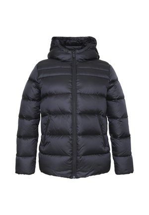 Giacca invernale nera imbottita con cappuccio, zip frontale e due tasche con zip, progettata per garantire calore e protezione contro il freddo.