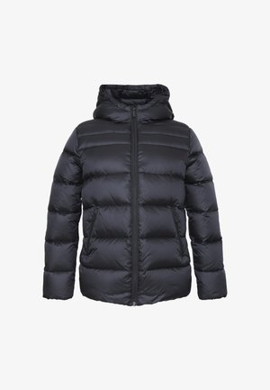 Giacca invernale nera imbottita con cappuccio, zip frontale e due tasche con zip, progettata per garantire calore e protezione contro il freddo.