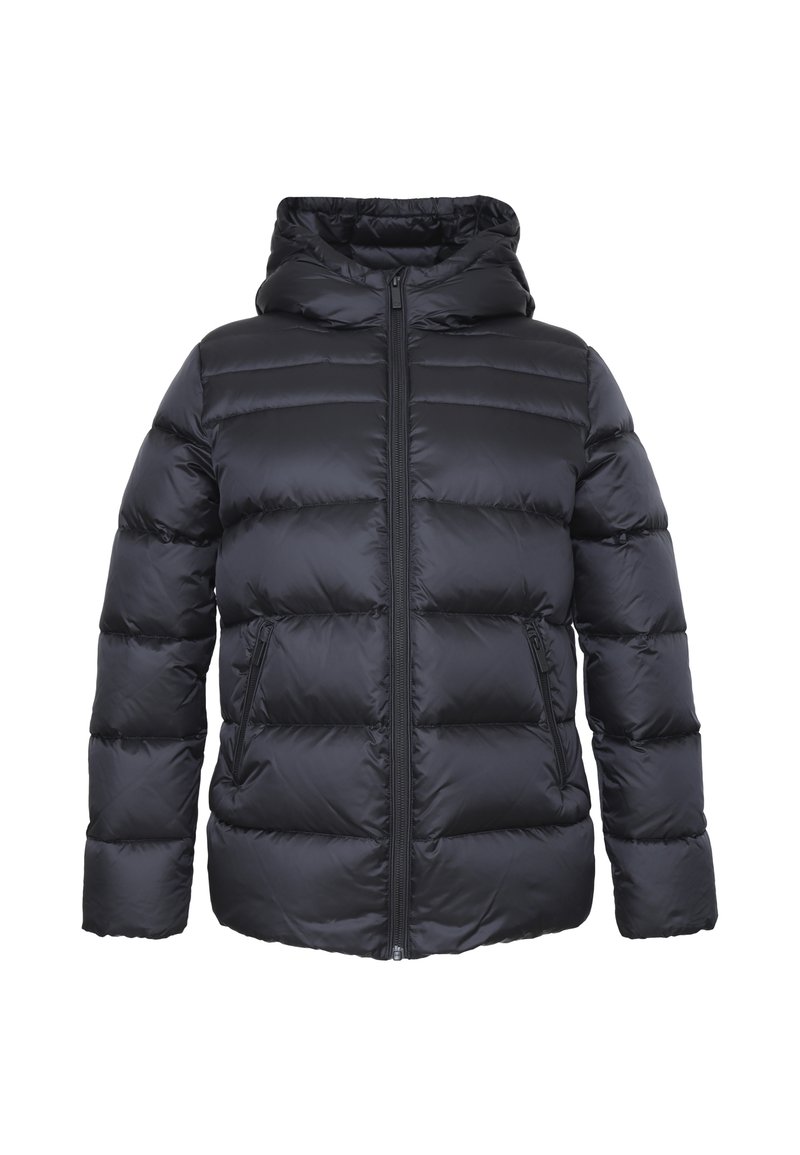 Giacca invernale nera imbottita con cappuccio, zip frontale e due tasche con zip, progettata per garantire calore e protezione contro il freddo.