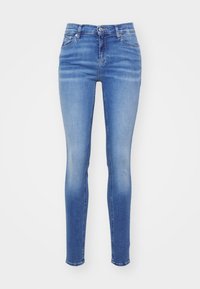 Jeansi skinny din denim albastru deschis. Talie medie cu un design clasic de cinci buzunare. Degradare subtilă, textură netedă și tiv cusut.