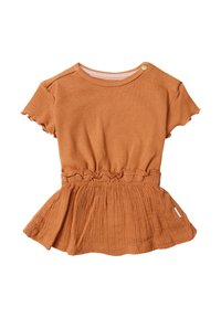 Rostfarbener Kurzarm-Top mit geripptem Muster und geraffter Taille. Mit rundem Halsausschnitt und gerüschten Ärmelsäumen.