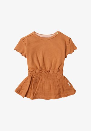 Top w kolorze rdzy z krótkimi rękawami, o prążkowanej strukturze i zgromadzonej talii. Posiada okrągły dekolt i falbanki na krawędziach rękawów.